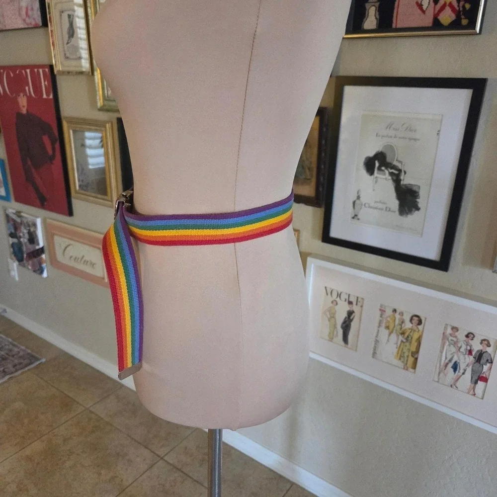 Rainbow Striped Web Belt with Rhinestone Flip Top Buckle 90s‎ Pride Accessory